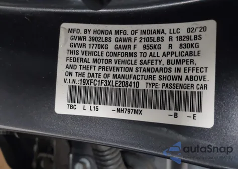 2020 Honda Civic Ex z USA, uszkodzony, nr VIN 19XFC1F3XLE208410